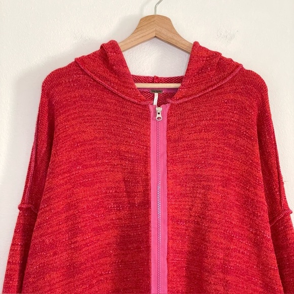 Free People In Bloom Oversized Textured Sweater Knit Zip Up Hoodie Red Hot Large - Picture 8 of 16